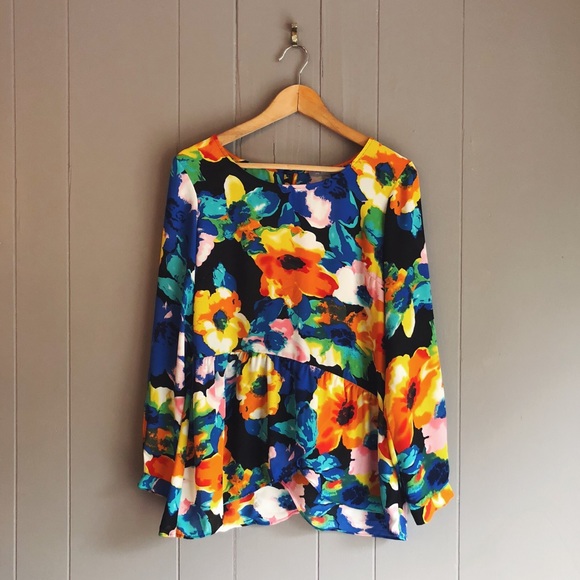 NY Collection Tops - Colorful Floral Ruffled Peplum Top